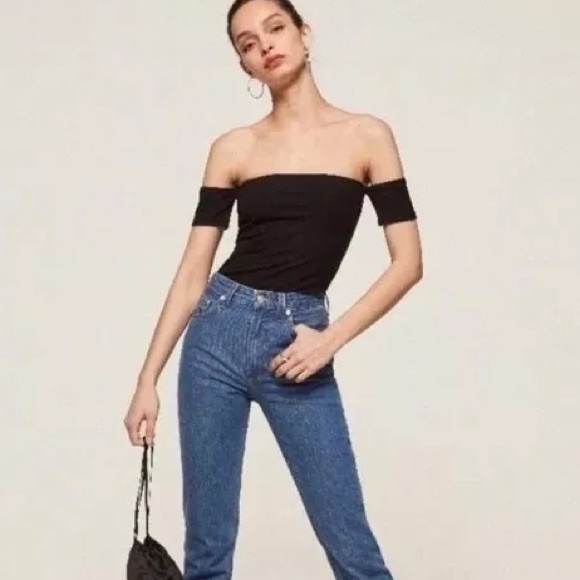 Off The Shoulder Ribbed Tube Crop Top with sleeves in Black White & Blue - Picture 5 of 7